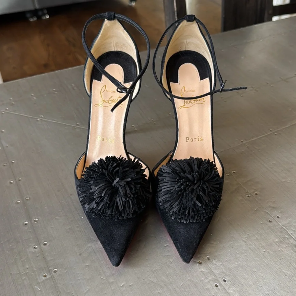 Christian Louboutin tsarou 100mm black suede stiletto pom Pom sz 38